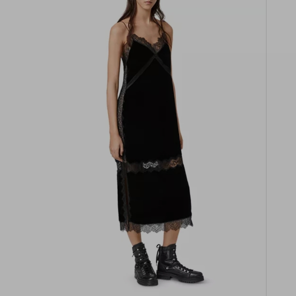 All Saints Loa Lace-Inset Velvet Midi Dress